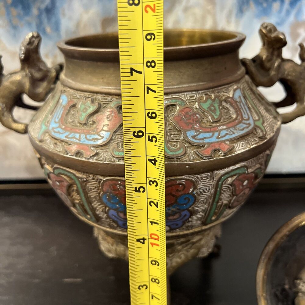 Qianlong Marked Copper Cloisonne Dragon Beast 2 Ear Incense Burner Censer - Picture 12 of 16